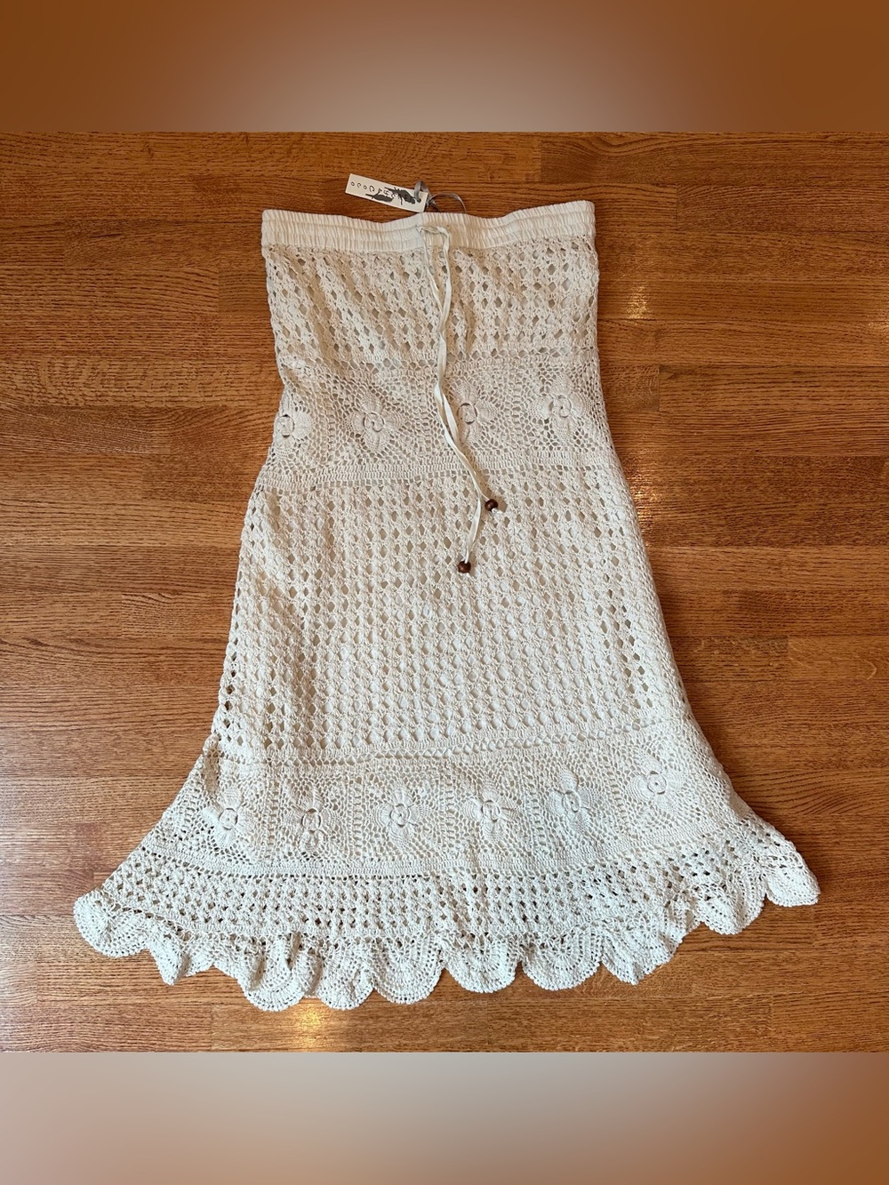 Lucky & Coco Womens Crochet Maxi Skirt L Ivory Drawstring Boho Grandmacore - Picture 3 of 11